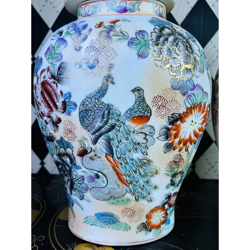 Vintage Chinoiserie Peacock Ginger Jars Gold Foo Dog Lid Pair 15.5" - Picture 14 of 17